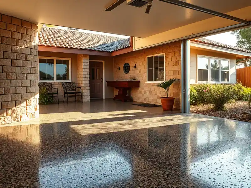 Illustration of a modern garage with stone walls and glossy flake epoxy coating.